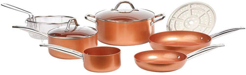 Copper Chef Batería de cocina, 9 piezas Juego de sartenes redondos; aluminio y acero con revestimiento de cerámica antiadherente Incluye tapas y accesorios para freír y asar para sartenes.
