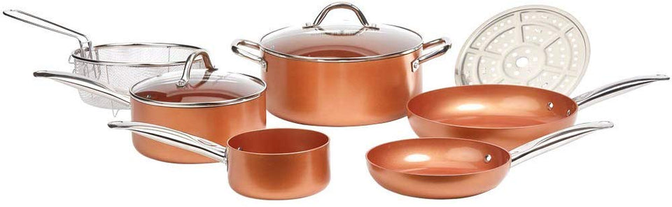 Copper Chef Batería de cocina, 9 piezas Juego de sartenes redondos; aluminio y acero con revestimiento de cerámica antiadherente Incluye tapas y accesorios para freír y asar para sartenes.