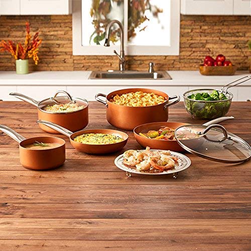 Copper Chef Batería de cocina, 9 piezas Juego de sartenes redondos; aluminio y acero con revestimiento de cerámica antiadherente Incluye tapas y accesorios para freír y asar para sartenes.