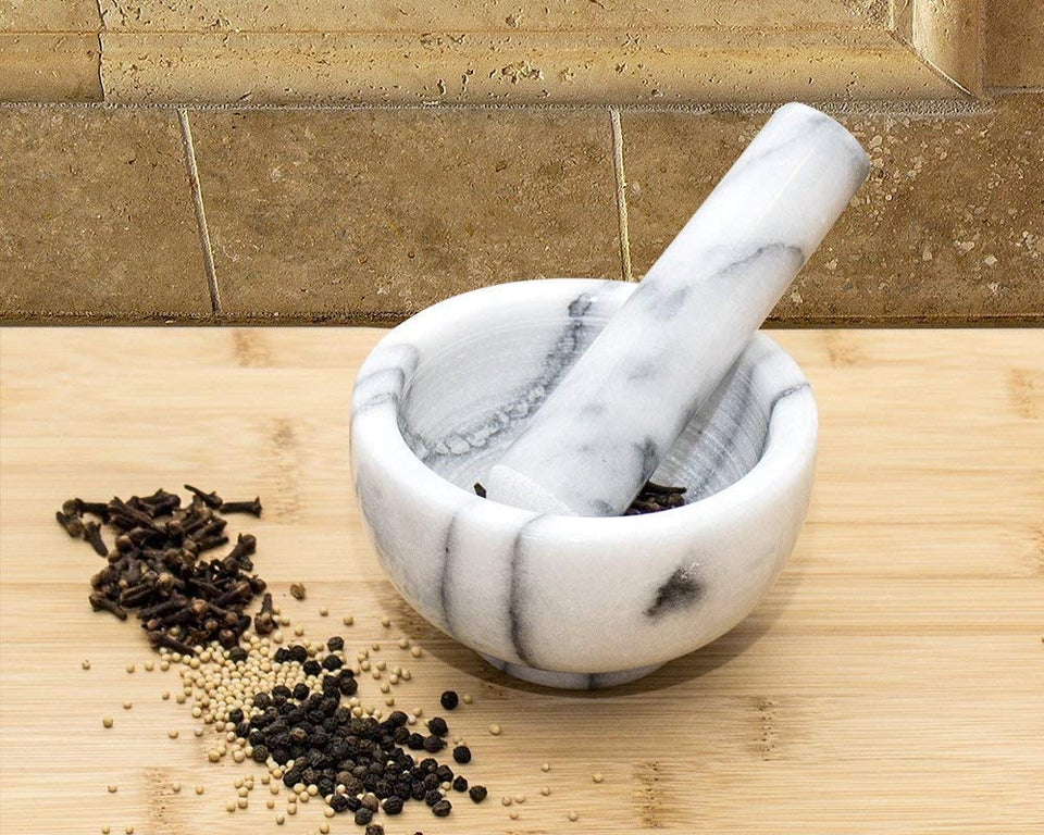 Greenco GRC0223 Marble Mortar and Pestle, 4.5", White/Gray