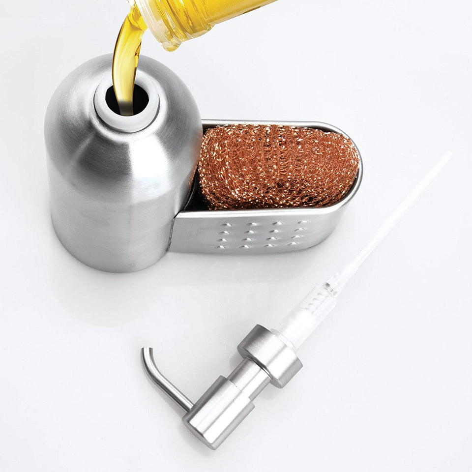 InterDesign Forma - Dispensador de Jabón y Soporte para Esponja, Acero Inoxidable Cepillado
