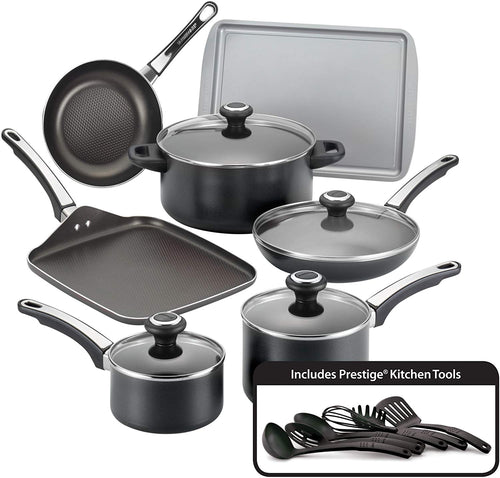 Farberware Juego de ollas y sartenes antiadherentes de alto rendimiento, 17 piezas, Negro, 1, 17