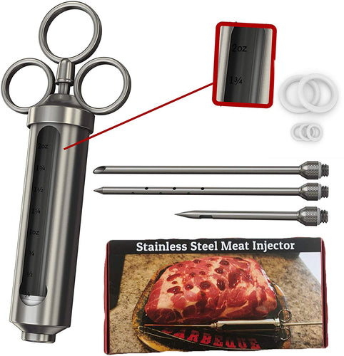 Inyector de carne, acero inoxidable 304, kit de inyección para barbacoa de 2.3 onzas, con ventana para condimentos de marinado, para cocinar parrilla, ahumador, barbacoa, jeringa, inyecta, sabor a cajún en carne de pollo y pavo, 3 agujas profesionales