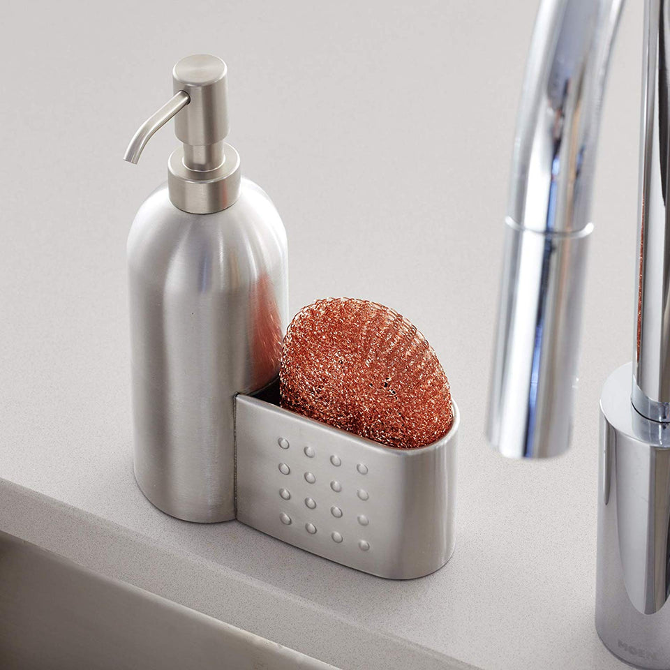 InterDesign Forma - Dispensador de Jabón y Soporte para Esponja, Acero Inoxidable Cepillado