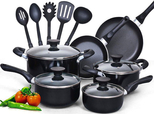 Cook N Home NC-00296 Juego de utensilios de cocina antiadherentes de 15 piezas con agarraderas uave, negro